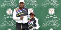 President Cyril Ramaphosa tees off with his playing partner, eight-year-old Grade 3 learner Simthandile ‘SimTiger' Tshabalala, during the 2020 Presidential Golf Challenge. (Photo: Flickr/GCIS)