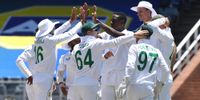 Kagiso Rabada of South Africa celebrates his dismissal of Cheteshwar Pujara with his teammates day three of the second cricket Test at the Wanderers in Johannesburg. (Photo: Sydney Seshibedi / Gallo Images)