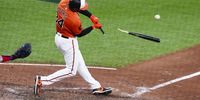 The Orioles' Aaron Hicks breaks his bat as he pops out during the third inning of game two of the Major League Baseball (MLB) American League Division Series playoffs between the Texas Rangers and the Baltimore Orioles, in Baltimore, Maryland, USA, 08 October 2023. The Division Series is the best-of-five games with the Rangers leading 1-0.  EPA-EFE/SHAWN THEW