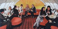 The first class lounge on the upper deck of a Boeing 747-200 luxury liner, ca. 1970s. (By Christian Montone, https://www.flickr.com/photos/christianmontone/4554652948)