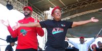 EFF president Julius Malema and deputy president Floyd Shivambu (left) sing with the crowd at the party's Siyabonga (Thank You) Rally in Durban’s People’s Park on Saturday, 8 January  2022. (Photo: Phumlani Thabethe)