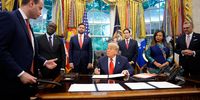 US President Donald Trump during a meeting with Democratic Republic of the Congo Foreign Minister Therese Kayikwamba Wagner (2-R) and Rwandan Foreign Minister Olivier Nduhungirehe (2-L) in the Oval Office of the White House in Washington, DC, USA, 27 June 2025. Also in the meeting, US Vice President JD Vance (C-L) and US Secretary of State Marco Rubio (C-R). Rwanda and the Democratic Republic of Congo will sign an agreement in Washington, on 27 June to put an end to a conflict in the eastern DRC that has killed thousands.  EPA/YURI GRIPAS / POOL