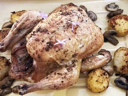 Garlic-butter roast chicken with a wine deglaze