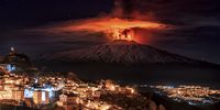 This night eruption of the Etna volcano was taken from San Teodoro at 2 am. Three eruptive vents are seen, which simultaneously eject columns of lava up to 1000 metres high. The town in the foreground is Cesarò, and the lights at the bottom are from the municipality of Bronte. © Fernando Famiani, Italy, Shortlist, Open, Landscape, 2022 Sony World Photography Awards