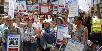 Writers including Frank Spotnitz, Sandi Toksvig OBE and Gail Renard begin the march as the Writers Guild Of Great Britain joins a global strike in solidarity with the Writers' Guild of America West and Writers' Guild of America East at Leicester Square on 14 Jun 2023 in London, England. (Photo: Tristan Fewings / Getty Images)
