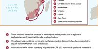 Trafficking routes of methamphetamine from Afghanistan to southern Africa.