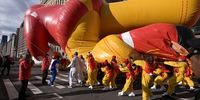 The Ronald McDonald balloon hits down on the parade route during the 93rd Annual Macy's Thanksgiving Day Parade on November 28, 2019 in New York City. (Photo by Michael Loccisano/Getty Images)