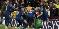 PSG goalkeeper Matvey Safonov, Nuno Mendes, Lucas Beraldo, PSG goalkeeper Arnau Tenas, Ousmane Dembele, Goncalo Ramos, PSG goalkeeper Gianluigi Donnarumma celebrate the victory following the penalty shootout ot the UEFA Champions League 2024/25 UEFA Champions League 2024/25 Round of 16 Second Leg match between Liverpool FC and Paris Saint-Germain (PSG) at Anfield on March 11, 2025 in Liverpool, England. (Photo by Jean Catuffe/Getty Images)