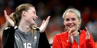 Players of Denmark celebrate after winning the quarter - final match against Netherlands during the Handball competitions in the Paris 2024 Olympic Games, at the South Paris Arena in Paris, France, 06 August, 2024.  EPA-EFE/ALEX PLAVEVSKI