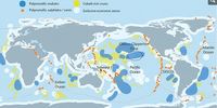 Locations of three main types of marine mineral deposits: polymetallic nodules (blue); polymetallic or seafloor massive sulfides (orange); and cobalt-rich ferromanganese crusts (yellow). (Source: Miller et al., 2018, https://www.frontiersin.org/articles/10.3389/fmars.2017.00418/full/)