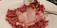A winning dessert of rose ice cream with crunchy bits (which you can buy a jar of to take home). Photo: Bianca Coleman
