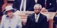 A shot taken during Queen Elizabeth II's state visit to South Africa in 1995, showing her and President Nelson Mandela sitting in the front row of Parliament, with David Dalling, an ANC whip, behind Mandela.  Also in the picture is the Rev M Stofile,  chief whip of the National Assembly at the time. (Photo supplied)