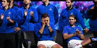 epa10202795 Team Europe player Roger Federer (L) of Switzerland sitting next to doubles partner Rafael Nadal of Spain after losing their match against Team World double Jack Sock of the US and Frances Tiafoe of the US on the first day of the Laver Cup tennis tournament in London, Britain, 23 September 2022. The match was Federer's last game before retirement. In background are (from L) Team Europe members Casper Ruud of Norway, Novak Djokovic of Serbia, Matteo Berrettini of Italy, Cameron Norrie of Great Britain and Stefanos Tsitsipas of Greece.  EPA-EFE/ANDY RAIN