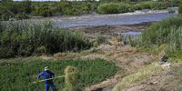 A farm worker still busy on Besters Eiland Boerdery near Keimoes in the Northern Cape as the flooding Orange River water level continues to rise, cutting off the farm from access to the mainland on Friday, February 24 2023. (Photo: David Harrison)