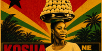 A kosua ne meko lady balances eggs on her head in this image produced by AI in the style of Soviet realism and in the colours of the Ghanaian flag. (AI image generated by Anna Trapido)