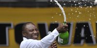 DURBAN, SOUTH AFRICA - JANUARY 13: ANC Deputy President Cyril Ramaphosa celebrating with champagne at the ANC rally on January 13, 2013, in Durban, South Africa. (Photo by Gallo Images / City Press / Khaya Ngwenya)