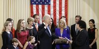 Vice President Joe Biden, with his wife Jill Biden holding the Biden Family Bible, takes the oath of office from Supreme Court Justice Sonia Sotomayor surrounded by family during an official ceremony at the Naval Observatory, 20 January 2013, in Washington. Family members from left: Maisy Biden, R. Hunter Biden, Noami Biden, Finnegan Biden, Natalie Biden, Kathleen Biden, Hunter Biden, Ashley Biden, Howard Krein, Beau Biden, Hallie Biden  (Photo: Carolyn Kaster/EPA)