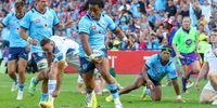 Stedman Gans of the Vodacom Blue Bulls on his way to score a try during his squad's United Rugby Championship match against Leinster at Loftus Versfeld on 22 April, 2023 in Pretoria, South Africa. (Photo: Gordon Arons/Gallo Images)