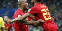 Vincent Kompany of Belgium (L) and Nacer Chadli of Belgium celebrate after an own goal of Brazil during the FIFA World Cup 2018 quarter final soccer match between Brazil and Belgium in Kazan, Russia, 06 July 2018. EPA-EFE/SERGEY DOLZHENKO