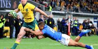 Dane Haylett-Petty (L) of the Wallabies is tackled by Tim Nanai-Williams of Samoa during the Australian Wallabies and Manu Samoa International rugby match at Bankwest Stadium in Sydney, Australia, 07 September 2019.  EPA-EFE/DAVID GRAY