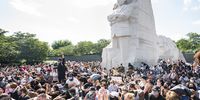 A Black Lives Matter protest takes a knee at the Martin Luther King Memorial on the seventh day of protests in DC over the death of George Floyd, in Washington, DC, USA, 04 June 2020. EPA-EFE/JIM LO SCALZO