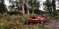 A fallen tree lies on a car after a storm in Buenos Aires, Argentina, 17 December 2023. The storm, with heavy rains registered winds of 100km/h, caused power outages and downed trees. The National Meteorological Service (SMN) maintains the orange alert in the Metropolitan Area of Buenos Aires (AMBA).  EPA-EFE/JUAN IGNACIO RONCORONI
