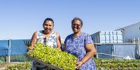 Mitchells Plain residents Anet Joubert and Ruth Petersen show what they have grown. (Photo: Supplied)<br>