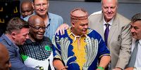 Former president Jacob Zuma (left) and diamond dealer benefactor Louis Liebenberg (second right) with supporters <br>at The Afrikaner Leaders Forum held at The Maslow Times Square in Pretoria on 16 March 2024. (Photo: Emacous Simphiwe Moyo)
