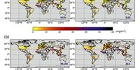 Seasonal spatial distribution of (a) absorbing dust and (b) scattering dust column mass concentration (mg/m2) derived from AERONET observations at 191 sites using the GRASP/Component approach for the period 2012–2021. (Source: Third-party map. This map was taken from Zhang et al. (2024b) on 1 June 2025 and may not fully align with United Nations and WMO map guidance.)