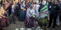 Families of the miners killed in the massacre at a wreath-laying ceremony. (Photo: Shiraaz Mohamed)