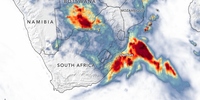 Satellite-based estimate of rainfall over a seven-day period ending on<br>April 13 2022. The darkest reds show the highest rainfall, with some places in Botswana and<br>South Africa receiving as much as 30 centimeters. Image: Nasa Earth Observatory