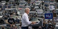 ATLANTA, GA - OCTOBER 27: Democratic presidential nominee Joe Biden speaks during a drive-in campaign rally in the parking lot of Cellairis Ampitheatre on October 27, 2020 in Atlanta, Georgia. Biden is campaigning in Georgia on Tuesday, with scheduled stops in Atlanta and Warm Springs. (Photo by Drew Angerer/Getty Images)