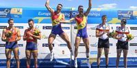 Silver medal winning Aleix Garcia I Pujolar and Rodrigo Conde Romero of Spain, gold medalist Andrei-Sebastian Cornea and Marian Enache of Romania and bronze medal winning Jonas Gelsen and Marc Weber of Germany (L-R) celebrate during the award ceremony of the men's double sculls competition at the European Rowing Championships in Szeged, Hungary, 28 April 2024.  EPA-EFE/Tamas Kovacs HUNGARY OUT