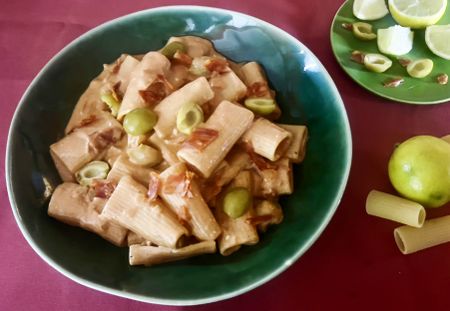 Manzanilla olives and chorizo bring a Spanish touch to pasta