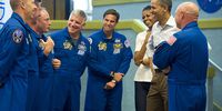 CAPE CANAVERAL, FL - APRIL 29:  In this handout photo provided by NASA, President Barack Obama and First Lady Michelle Obama meet with space shuttle Endeavor commander Mark Kelly (R), and shuttle astronauts, (L-R) Andrew Feustel, European Space Agency's Roberto Vittori, Michael Fincke, Gregory H. Johnson, and Greg Chamitoff, after their launch was scrubbed April 29, 2011 at the Kennedy Space Center in Cape Canaveral, Florida.  President Barack Obama visited Cape Canaveral Friday despite NASA postponing the launch of the Space Shuttle Endeavour.  (Photo By Bill Ingalls/NASA via Getty Images)