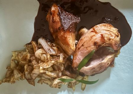 Braised pork shank with cabbage, apple and soy