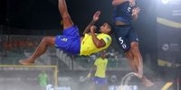 Rodrigo Soares Da Costa of Brazil competes for the ball with Ryota Tsuboya of Japan during the Men's Neom Beach Soccer match between Team Japan and Team Brazil on Day Twelve of the NEOM Beach Games on November 14, 2024 in Neom, Saudi Arabia.  (Photo by Joern Pollex/Getty Images for NEOM Beach Games)