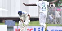 Shreyas Iyer of India is bowled out by Kagiso Rabada of South Africa who proceeds to celebrate with his teammates during day 1 of the 1st test match between South Africa and India at SuperSport Park on December 26, 2023 in Centurion, South Africa. (Photo by Sydney Seshibedi - Gallo Images/Getty images)
