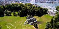 A photograph taken with a drone shows a land art painting titled "Le terrain des possibles" created by Swiss French artist SAYPE in the parc La Grange to mark the occasion of the UEFA Women's Euro 2025, in Geneva, Switzerland, 01 July 2025. The UEFA Women's Euro 2025 will take place from 2 July to 27 July 2025.  EPA/SALVATORE DI NOLFI