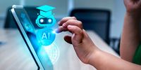 Education, kid learning and training with AI, knowledge and technology concept. Robot hologram in graduation hat showing while child using digital tablet with finger touch on screen, homework school.