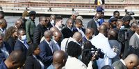President Cyril Ramaphosa (centre) and officials at the Rooiwal Wastewater Treatment Works on 8 June 2023. (Photo: Felix Dlangamandla)