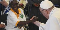 epa10443155 Pope Francis (R) meets with representatives of charities at the Apostolic Nunciature in Kinshasa, Democratic Republic of Congo (DRC), 01 February 20223. Pope Francis arrived in Congo for a six-day trip to Africa that will also include South Sudan.  EPA-EFE/VATICAN MEDIA HANDOUT  HANDOUT EDITORIAL USE ONLY/NO SALES