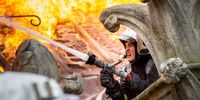 Fireman battles the blaze at Notre-Dame. Production still from 'Notre-Dame On Fire'. Image: courtesy of Universal Studios