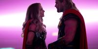 (L-R): Natalie Portman as Mighty Thor and Chris Hemsworth as Thor in Marvel Studios' 'Thor: Love and Thunder'. Image: Jasin Boland / © Marvel Studios 2022. 