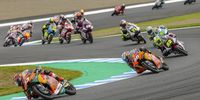 Turkish Moto3 rider Deniz Oncu (L, front) of team RED BULL KTM AJO leads the pack during the Moto3 race of the Motorcycling Grand Prix of Japan, at the Mobility Resort Motegi racetrack in Motegi, Japan, 01 October 2023.  EPA-EFE/KIMIMASA MAYAMA