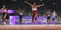 Abderrahman Samba of Qatar celebrates winning the men's 400m hurdles final athletics event on day 10 of the 19th Asian Games at Hangzhou Olympic Sports Centre on October 03, 2023 in Hangzhou, China. (Photo by Lintao Zhang/Getty Images)