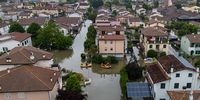 An aerial view of Italian firefighters' rescue teams searching for people trapped in their houses in Lugo, Italy, 19 May 2023. The death toll from this week's deadly flooding in the northeastern region of Emilia Romagna has climbed to 14 after the police recovered the body of a man in his 70s in Faenza on early May 19.  EPA-EFE/EMANUELE VALERI