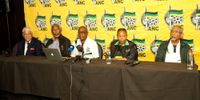 President of the African National Congress (ANC) Veterans' League Snuki Zikalala (centre) with Mavuso Msimang, Susan Shabangu and Mac Maharaj address the media on the outcomes of the three-day lekgotla in Johannesburg on Sunday 16 April 2023. (Photo: Supplied)