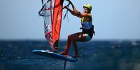 Emma Wilson of Great Britain in action during a Womens iQFOiL race on day four of the Paris 2024 Olympic Sailing test event at Marseille Marina on July 13, 2023 in Marseille, France. (Photo by Clive Mason/Getty Images)