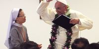 Pope Francis gestures during his visit to the rehabilitation center for disabled people at Kkottongnae on August 16, 2014 in Eumseong, South Korea. Pope Francis is visiting South Korea from August 14 to August 18. This trip is the third trip abroad for the pope following Brazil and the Middle East. This is the third pontifical visit to South Korea.  (Photo by Ahn Young-Joon-Pool/Getty Images)